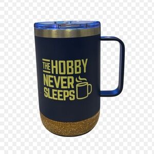copper vacuum insulated metal camp mug “The Hobby Never Sleeps" graphic  14onzs